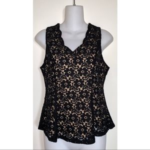 Monteau | Women’s Black Floral Lace Tan V-Neck Tank Top Size Medium
